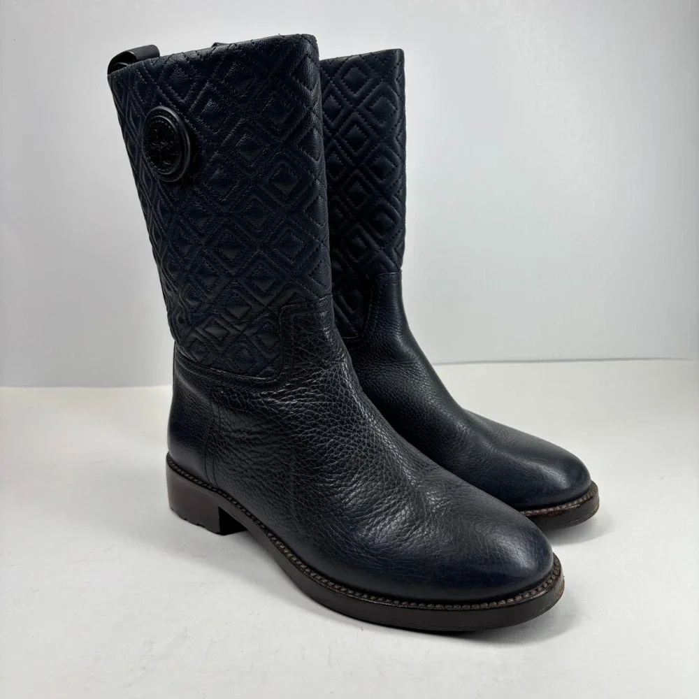 Tory Burch Marion Women's US 8M Quilted Black Leather Mid-Calf‎ Boots Equestrian